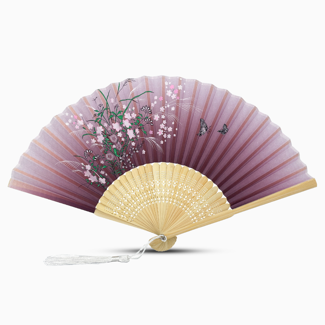 A Royal Purple hand fan with a wooden rib, featuring a Garden Blossom design.