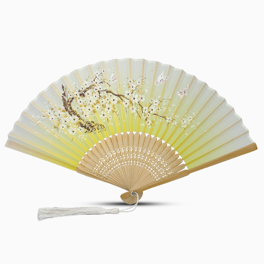 A Yellow hand fan with a wooden rib, featuring a Garden Blossom design.