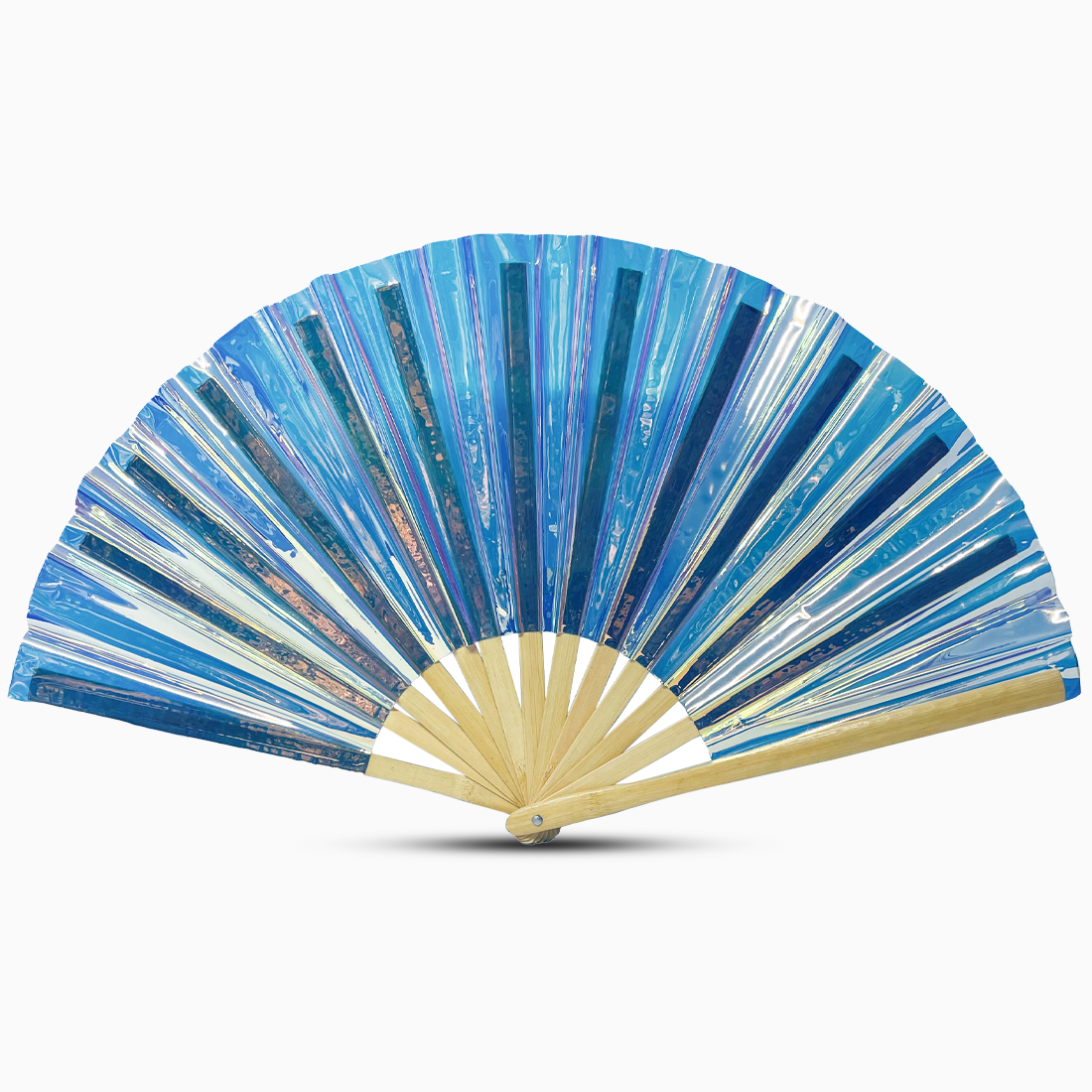 Stylish glowing fan with a natural bamboo handle, part of the Raveglow series, ideal for vibrant events and gatherings.