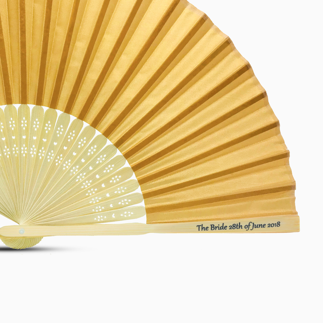 A Dark Gold solid color hand fan, featuring a personal message printed on main rib.