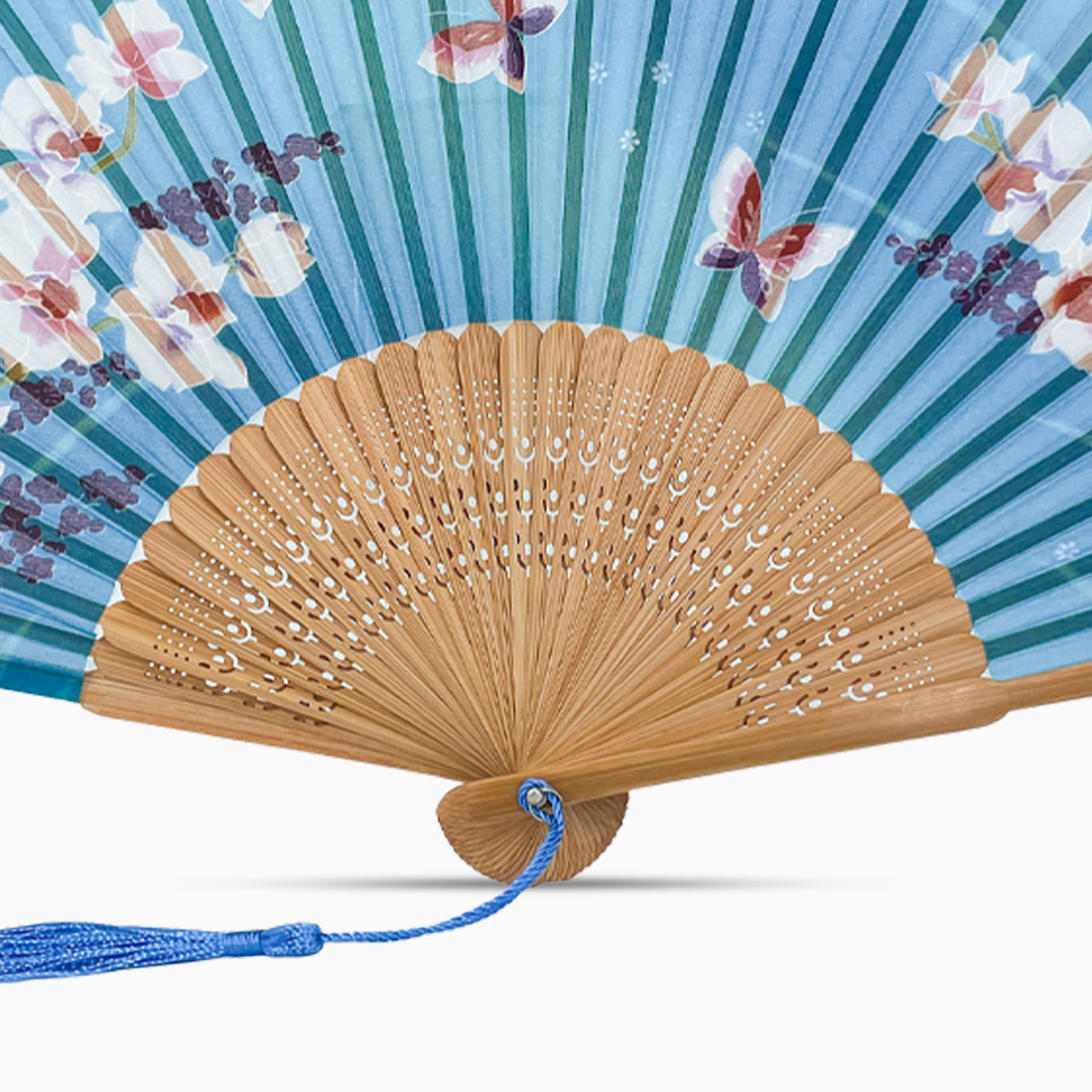 blue hand fan featuring a butterfly pattern and grade a bamboo rib and blue Tassel.