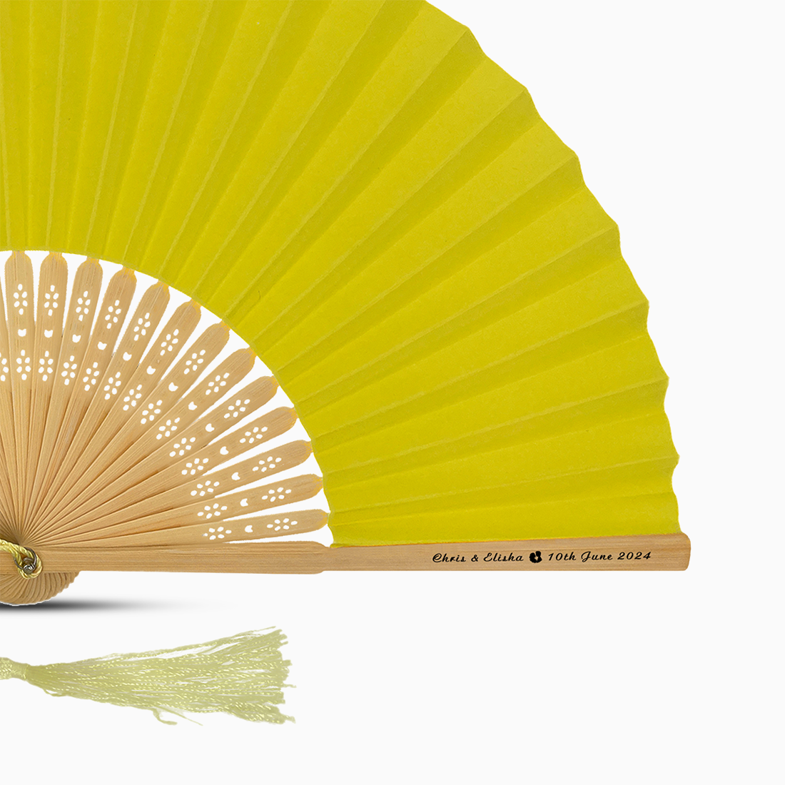 A Greenish Yellow solid color hand fan, featuring a personal message printed on main rib.