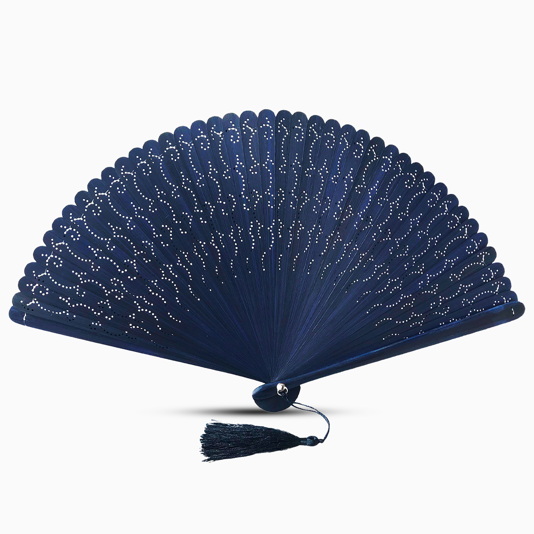 A blue wooden hand fan with hollow-out carvings and a tassel on the side, elegantly displayed.