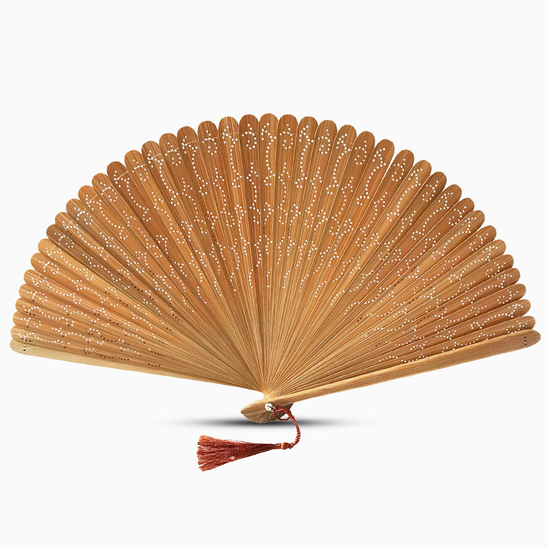 A natural wooden hand fan with hollow-out carvings and a tassel on the side, elegantly displayed.