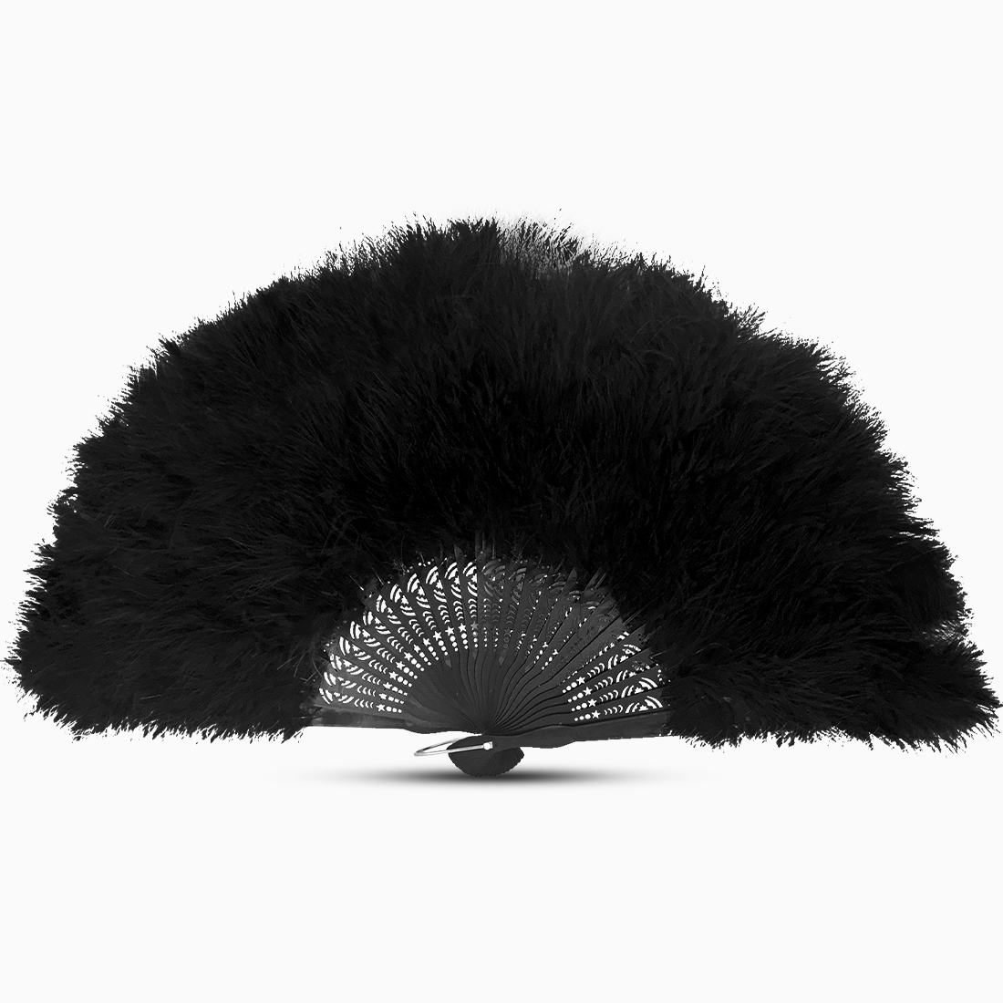 A Black marabou feather fan displayed against a clean white background.