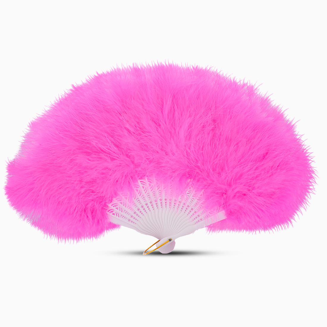 A pink marabou feather fan displayed against a clean white background.