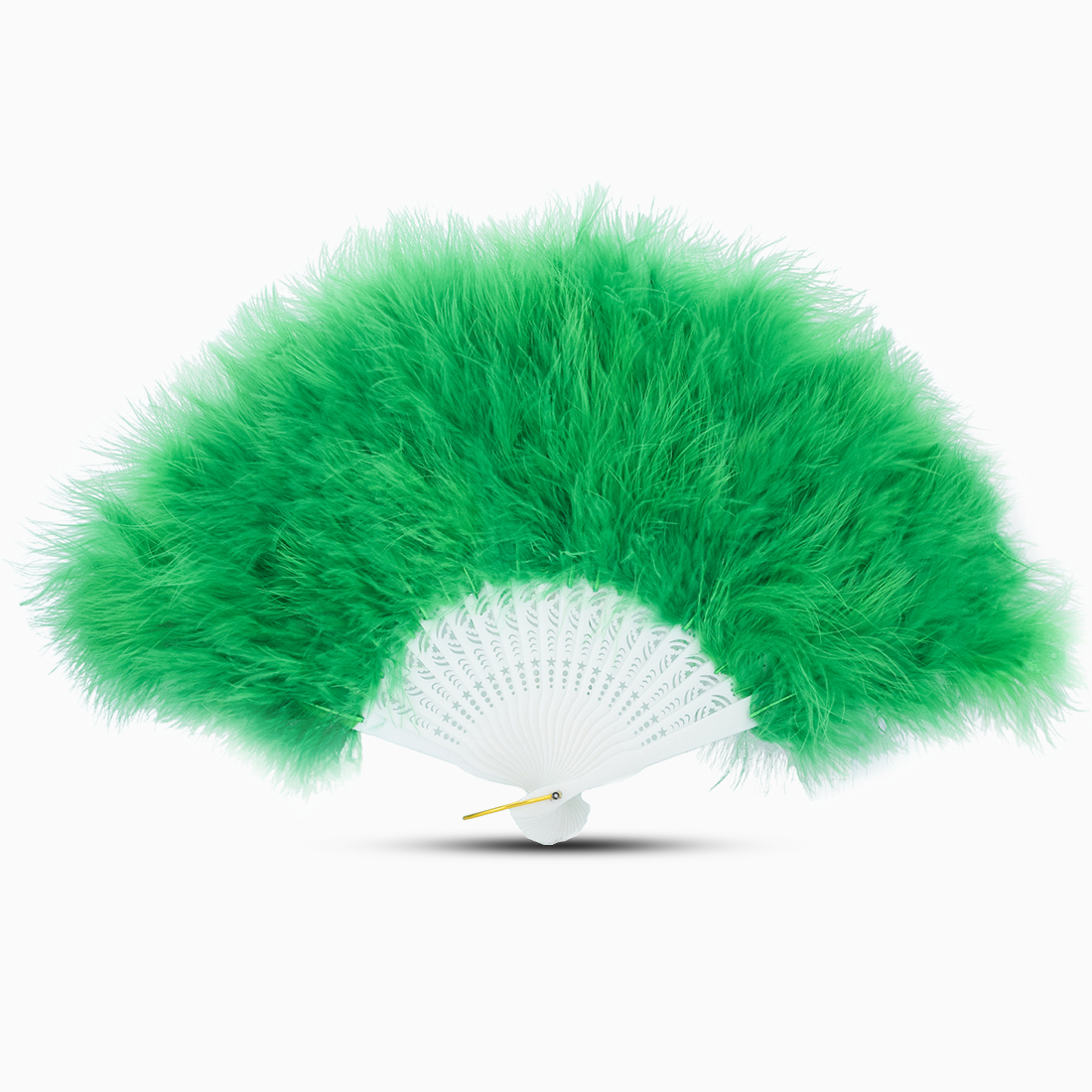 A Green marabou feather fan displayed against a clean white background.