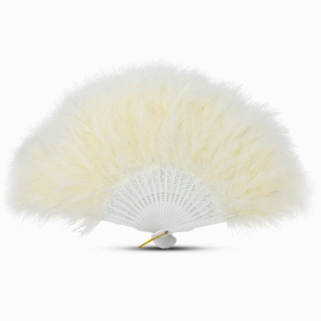 A Ivory marabou feather fan displayed against a clean white background.