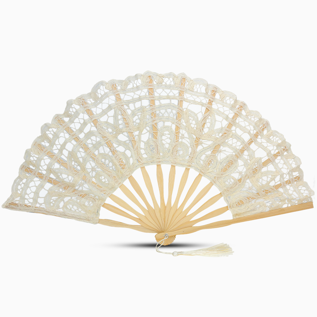 A ivory white Battenburg lace hand fan, elegantly designed with intricate lace detailing along the edges.