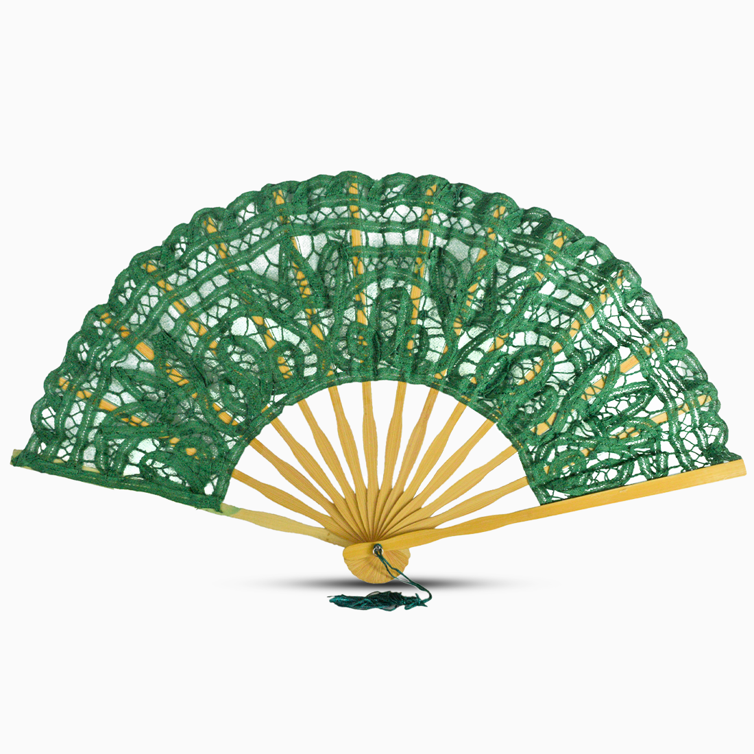 A jungle green Battenburg lace hand fan, elegantly designed with intricate lace detailing along the edges.