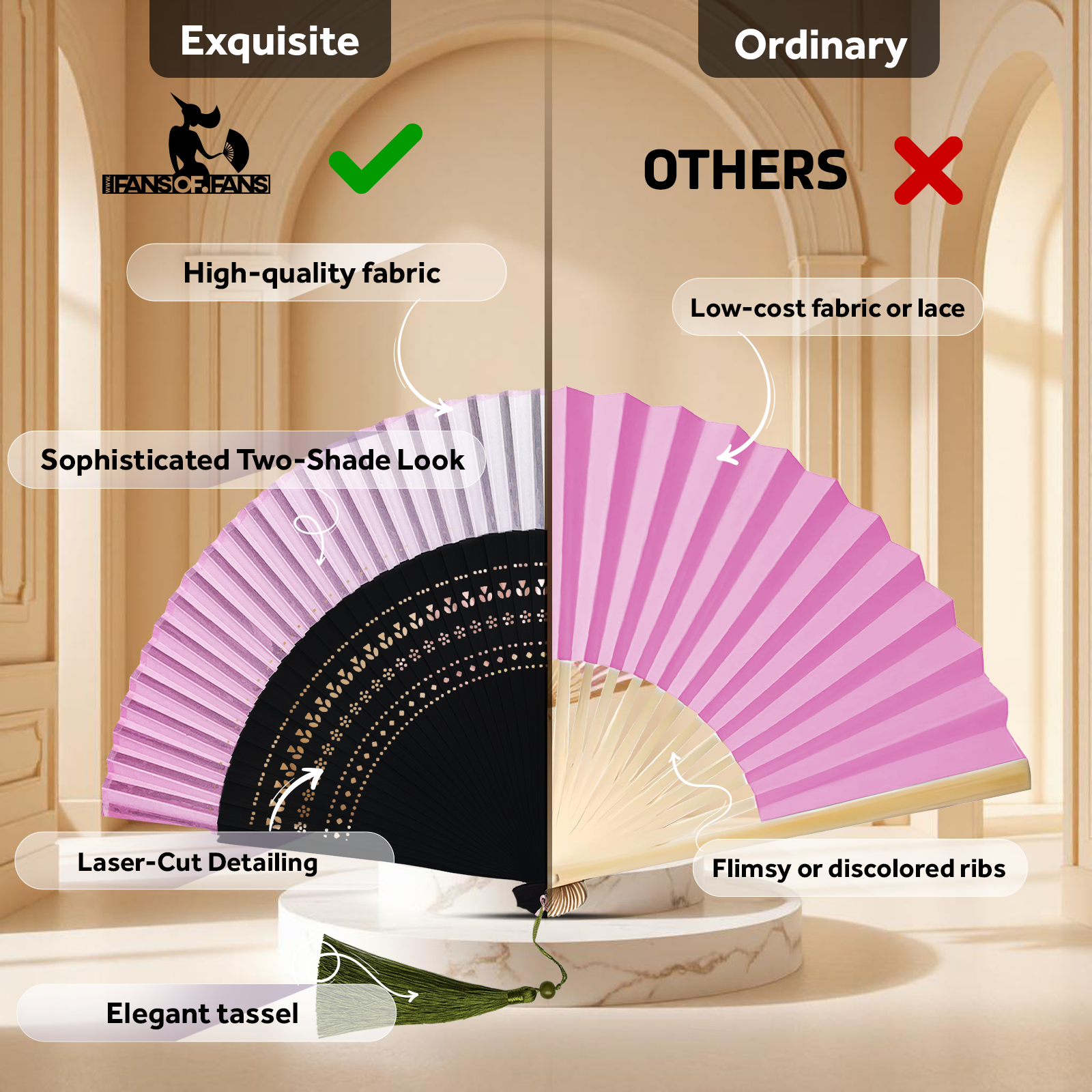 Side-by-side comparison of Fans of Fans premium pink silk folding hand fan with elegant tassel and laser-cut detailing versus ordinary fan with low-cost materials and plain design