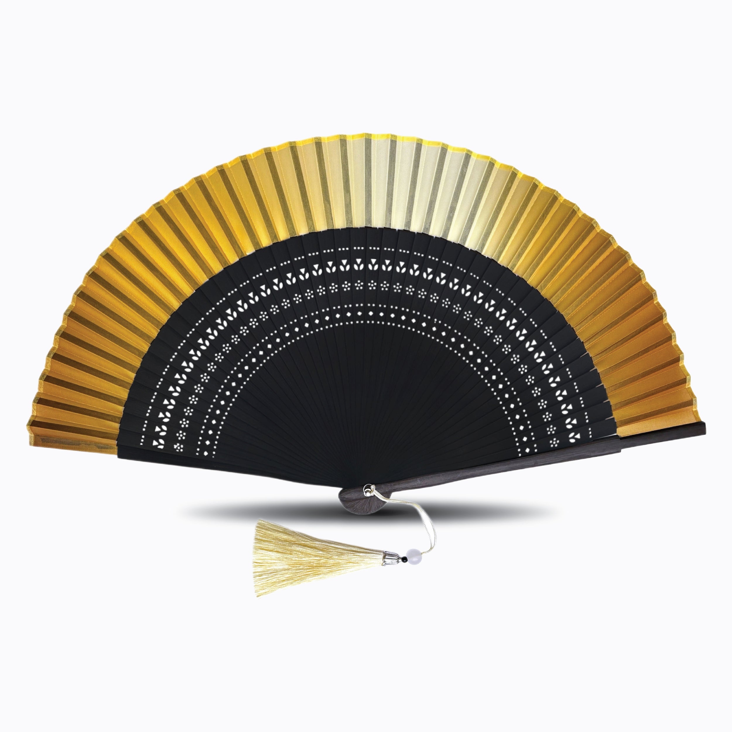 Gold color folding hand fan with black hollow-carved bamboo ribs and matching gold tassel, displayed open on a white background