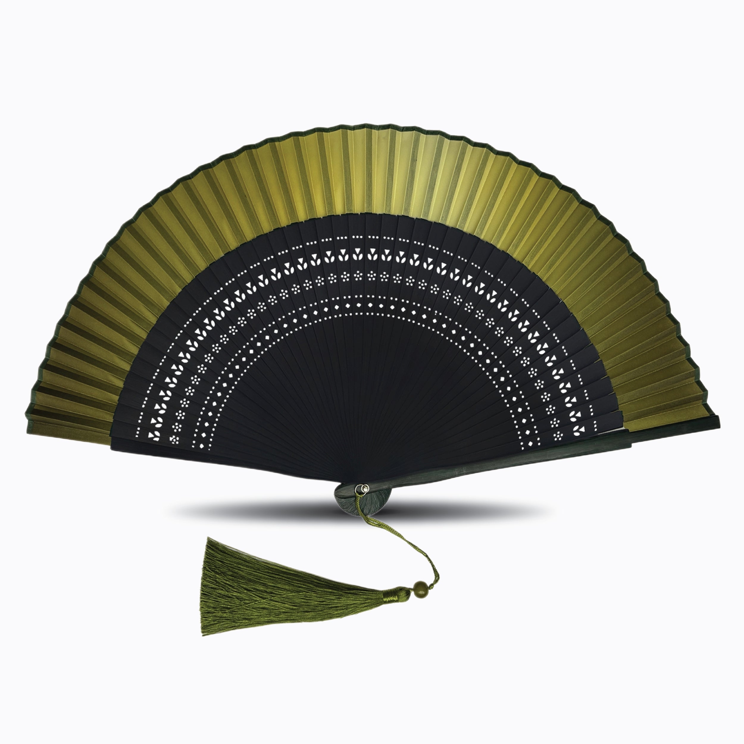 Olive green folding hand fan with black hollow-carved bamboo ribs and matching green tassel, displayed open on a white background