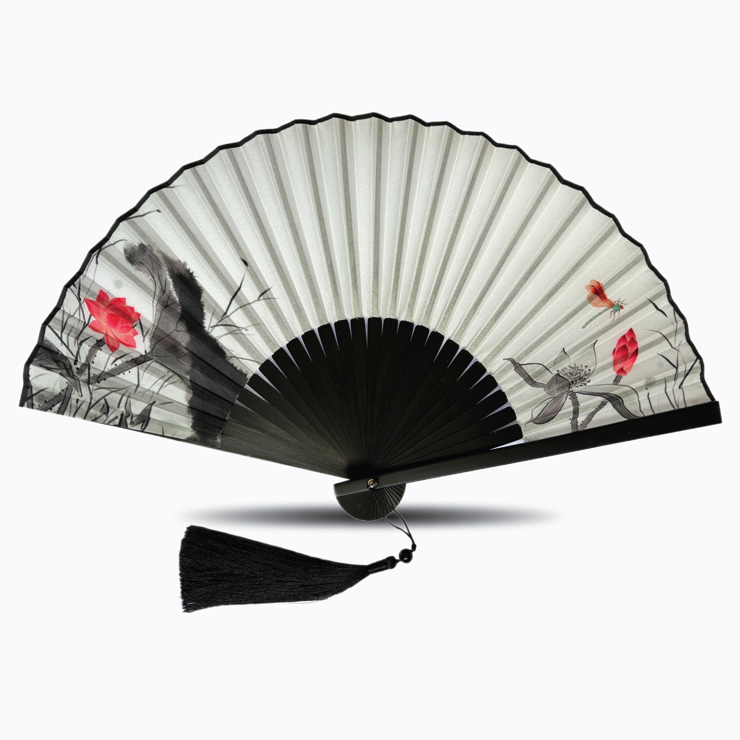 Elegant silk folding hand fan with minimalist black ink and red floral artwork, featuring black bamboo ribs and a matching black tassel