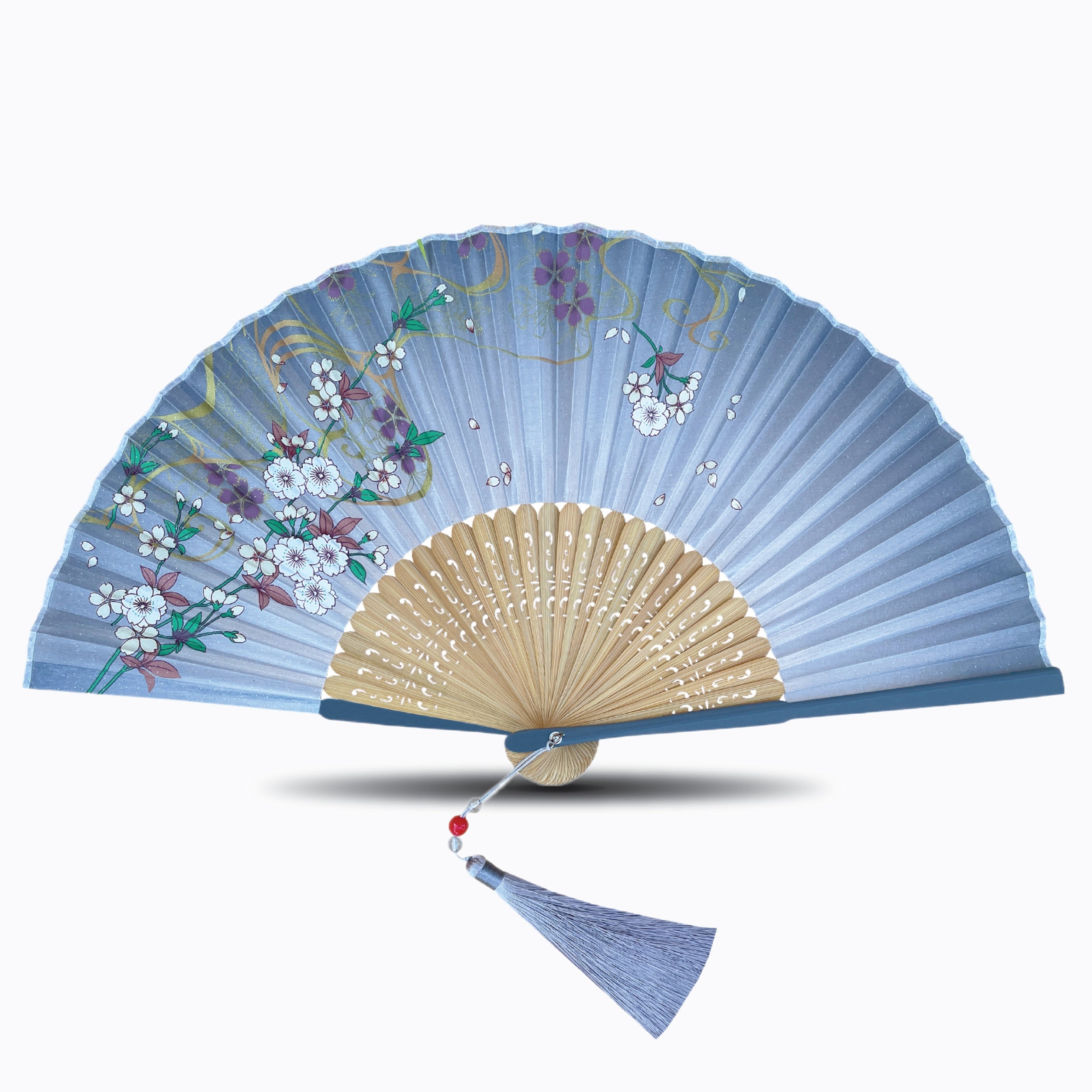 Handheld folding fan featuring delicate floral artwork on premium silk fabric with natural bamboo ribs and a matching tassel, displayed on a white background