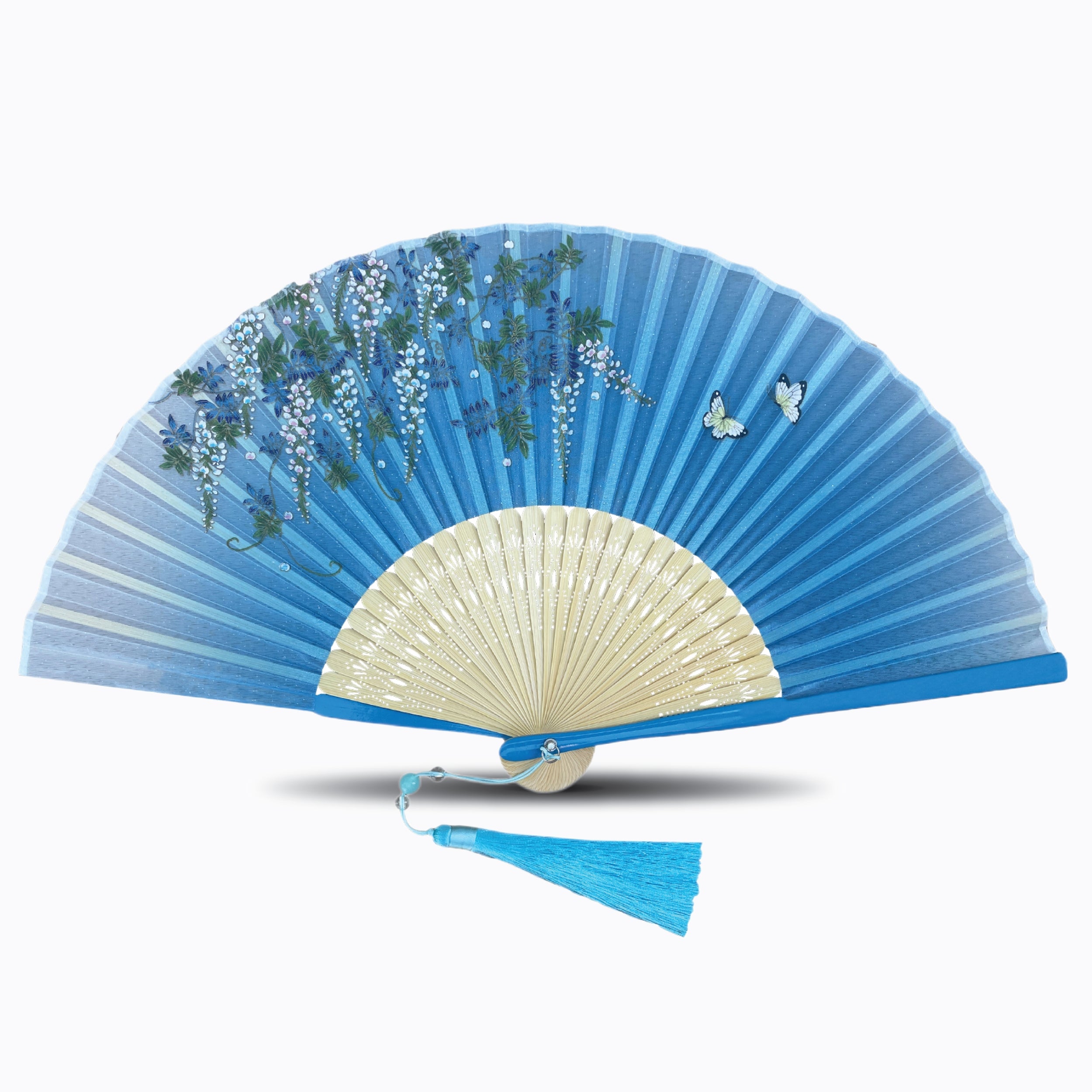 Silk folding hand fan featuring butterfly and floral artwork, with natural bamboo ribs and a matching tassel, displayed open on a white background