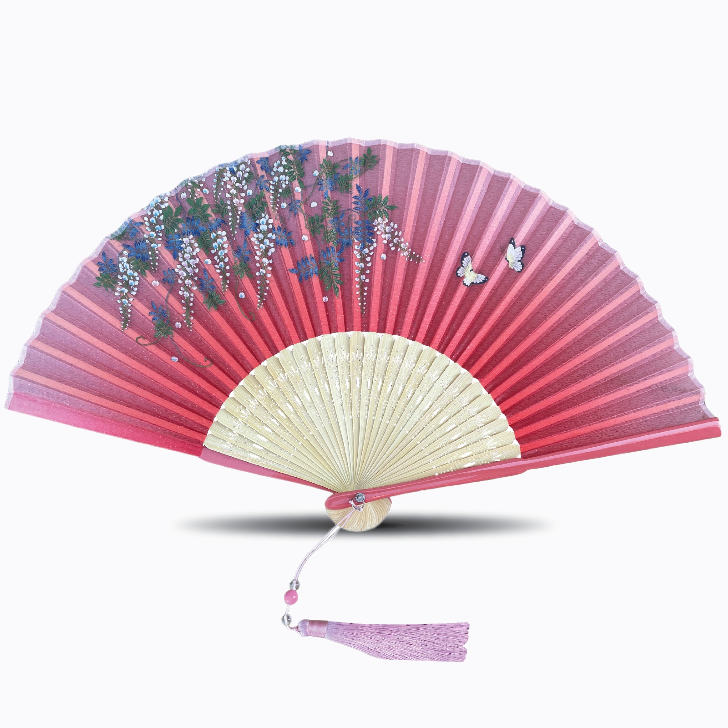 Silk folding hand fan with elegant butterfly and floral artwork, featuring natural bamboo ribs and a matching tassel, displayed open on a white background