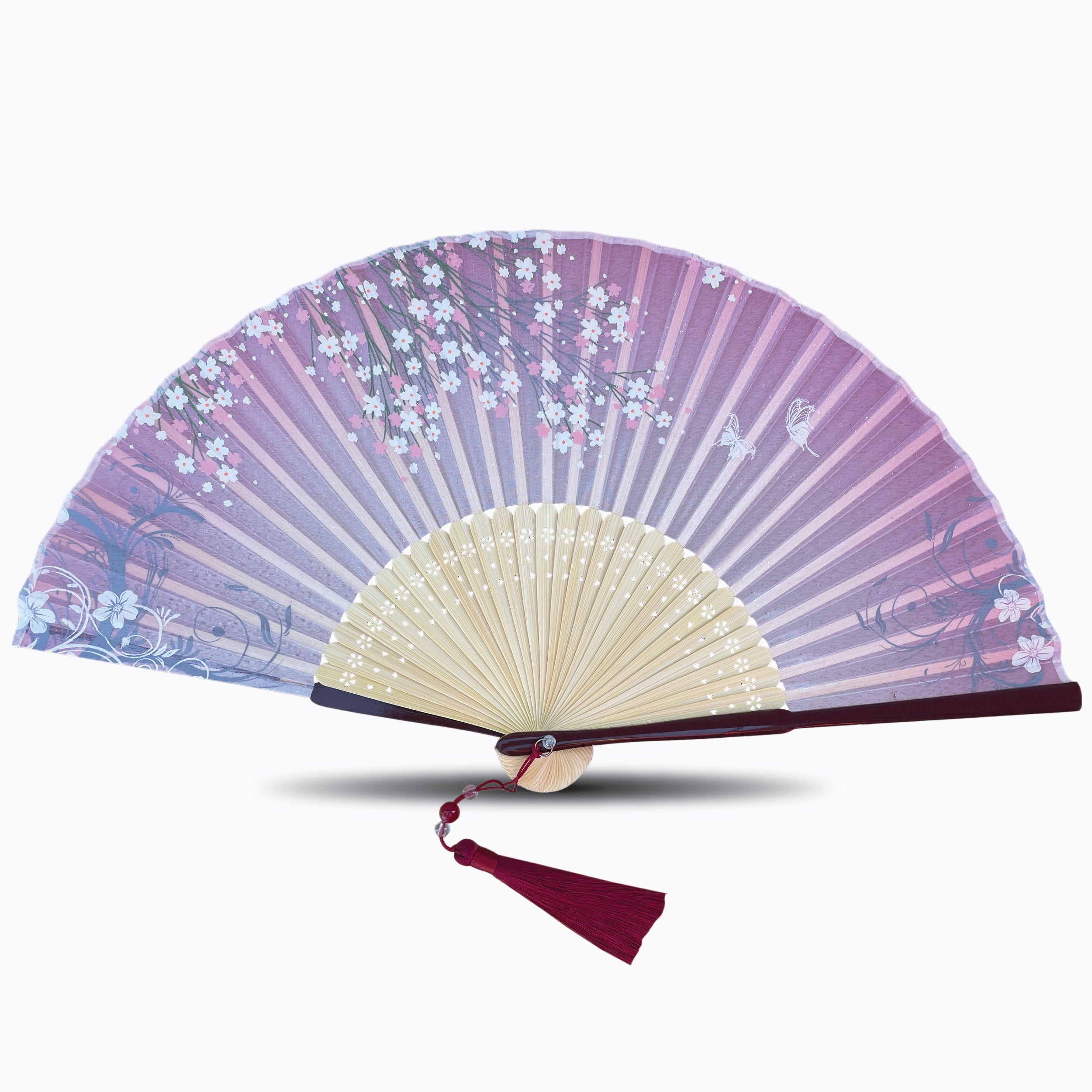 Silk folding hand fan with delicate floral branches and bird artwork, natural bamboo ribs, and a matching tassel, displayed open on a white background
