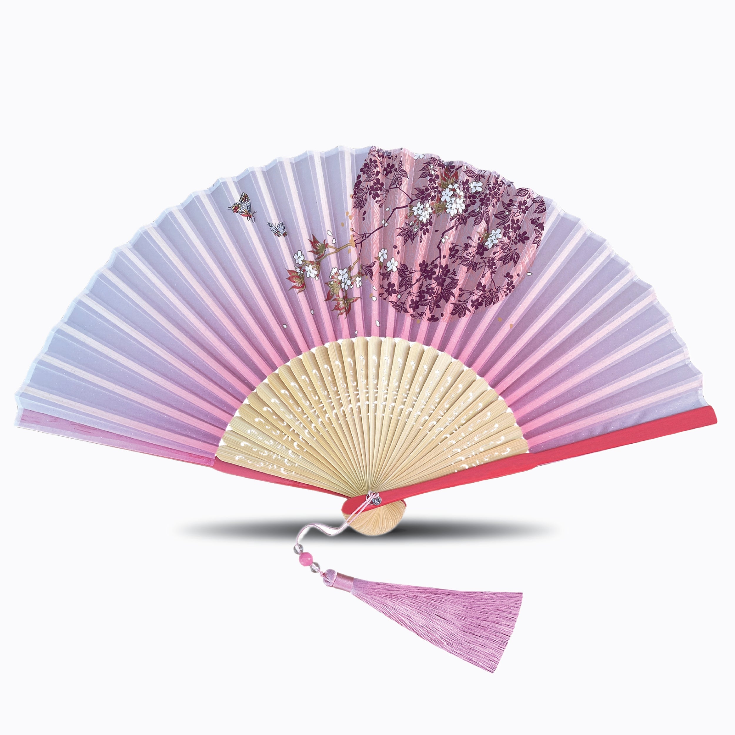 Silk folding hand fan featuring blooming floral artwork with butterfly accent, paired with natural bamboo ribs and a coordinated tassel, displayed against a white background