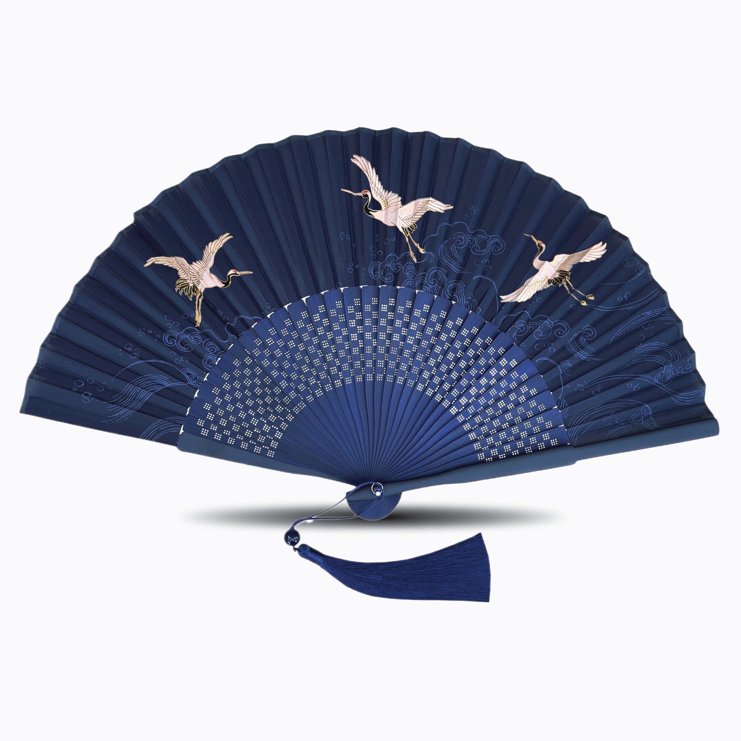 Navy blue silk folding hand fan featuring flying crane artwork with wave patterns, geometric detailing, and a matching blue tassel