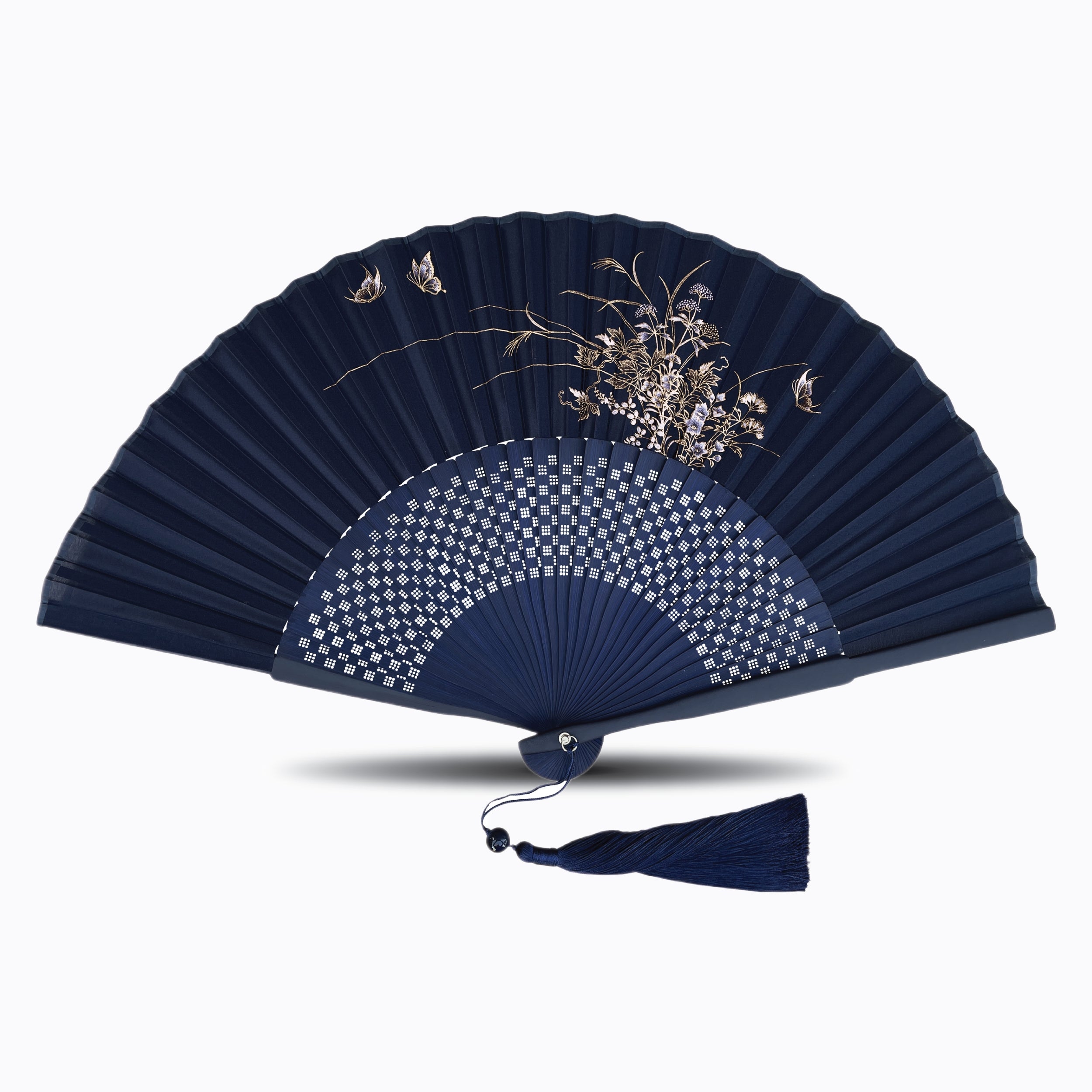 Navy blue silk folding hand fan featuring fine floral and butterfly artwork with geometric detailing and a matching dark blue tassel