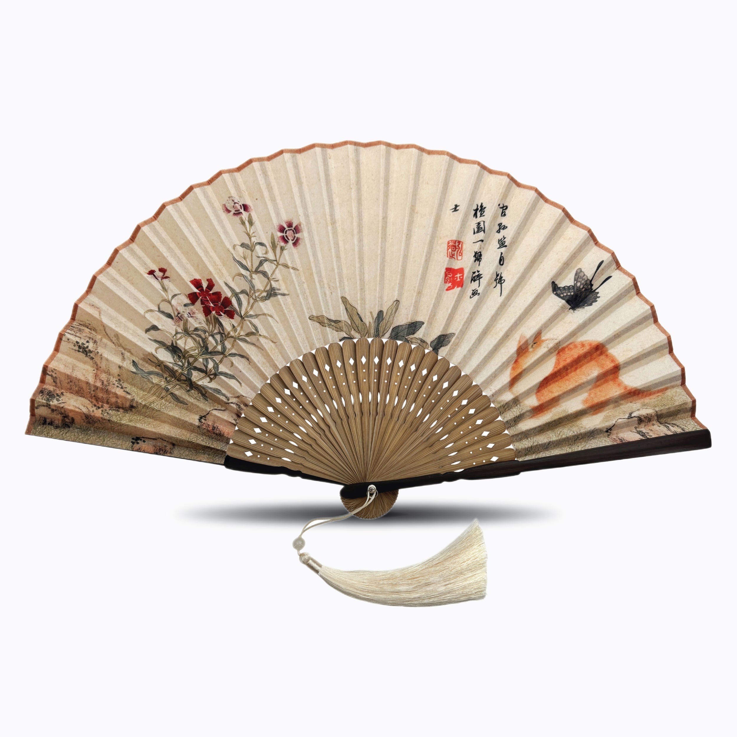 Vintage-style silk folding hand fan featuring artwork of red flowers, a fox, and calligraphy, with natural bamboo ribs and a cream tassel