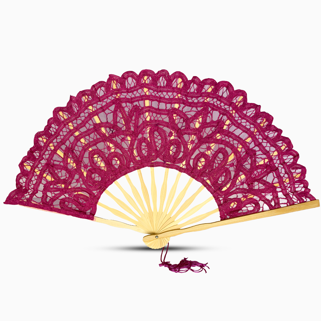 A maroon red Battenburg lace hand fan, elegantly designed with intricate lace detailing along the edges.