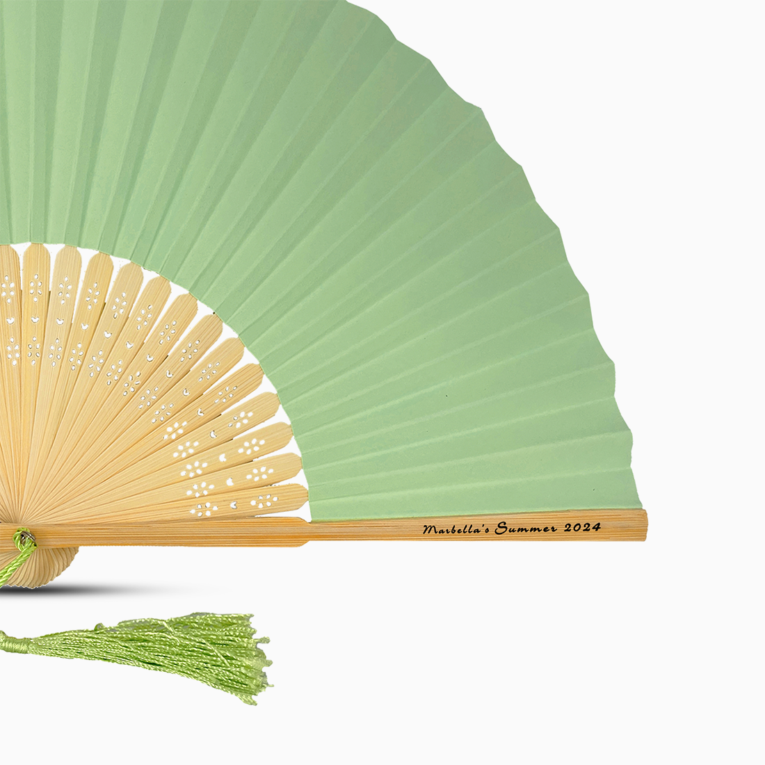 A Mint Green solid color hand fan, featuring a personal message printed on main rib.