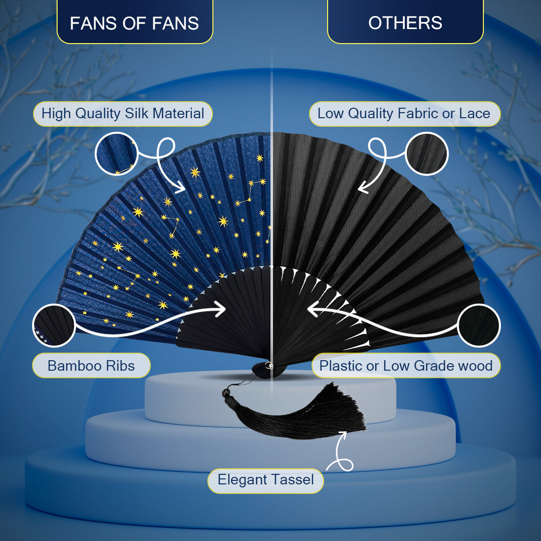 Side-by-side comparison of Fans of Fans premium navy blue silk hand fan with star design and bamboo ribs versus an ordinary fan with plain fabric and plastic ribs