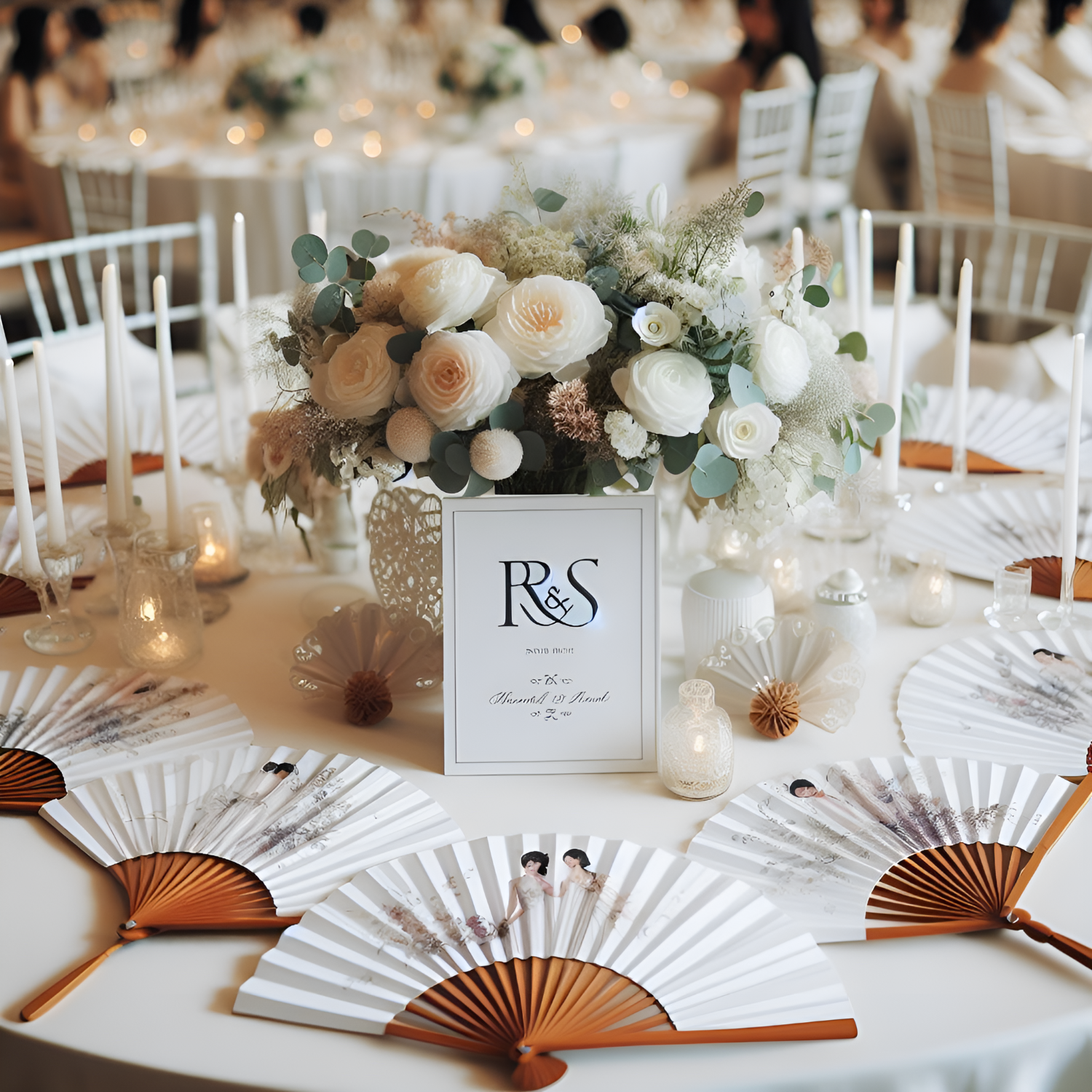 Elegant wedding table settings featuring hand fans and floral arrangements, creating a romantic atmosphere.