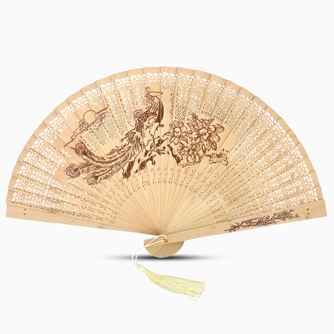 Sandalwood fan featuring an intricate Peacock design, showcasing elegant craftsmanship and natural materials.