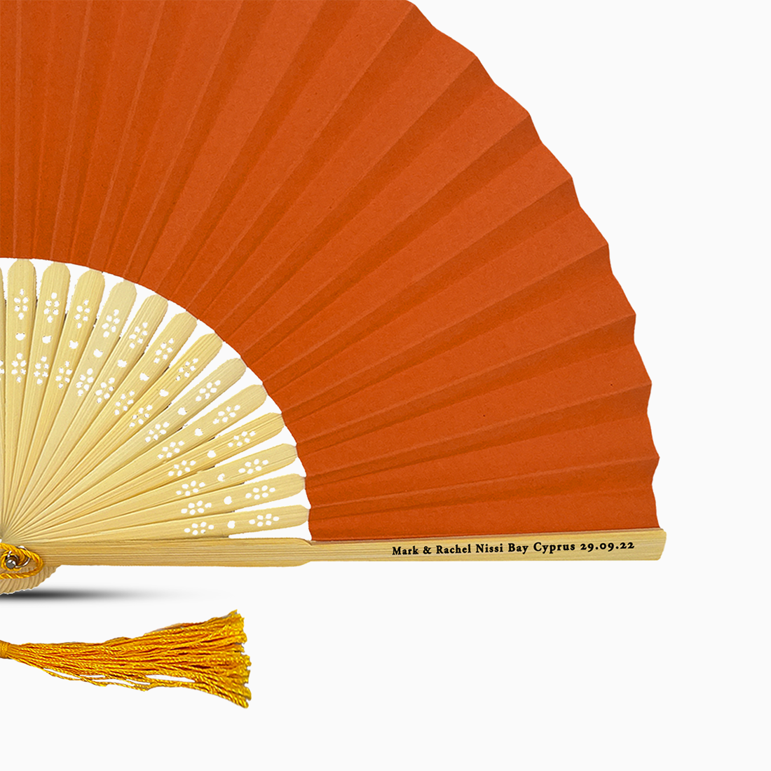 A Orange solid color hand fan, featuring a personal message printed on main rib.