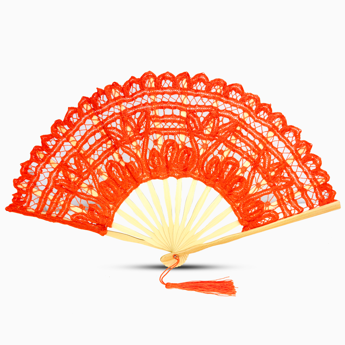 A orange Battenburg lace hand fan, elegantly designed with intricate lace detailing along the edges.