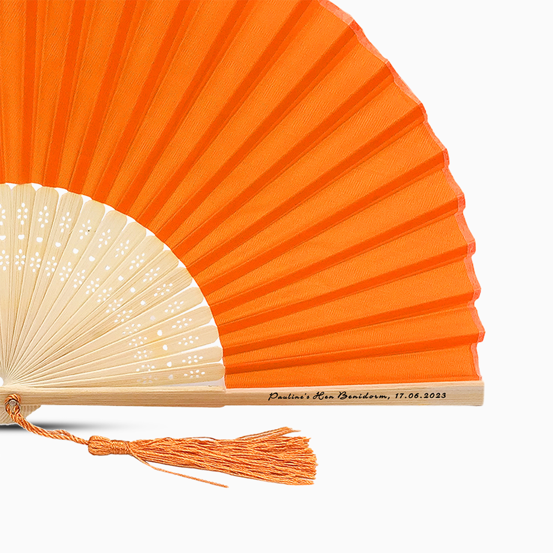 A Orange solid color hand fan, featuring a personal message printed on main rib.