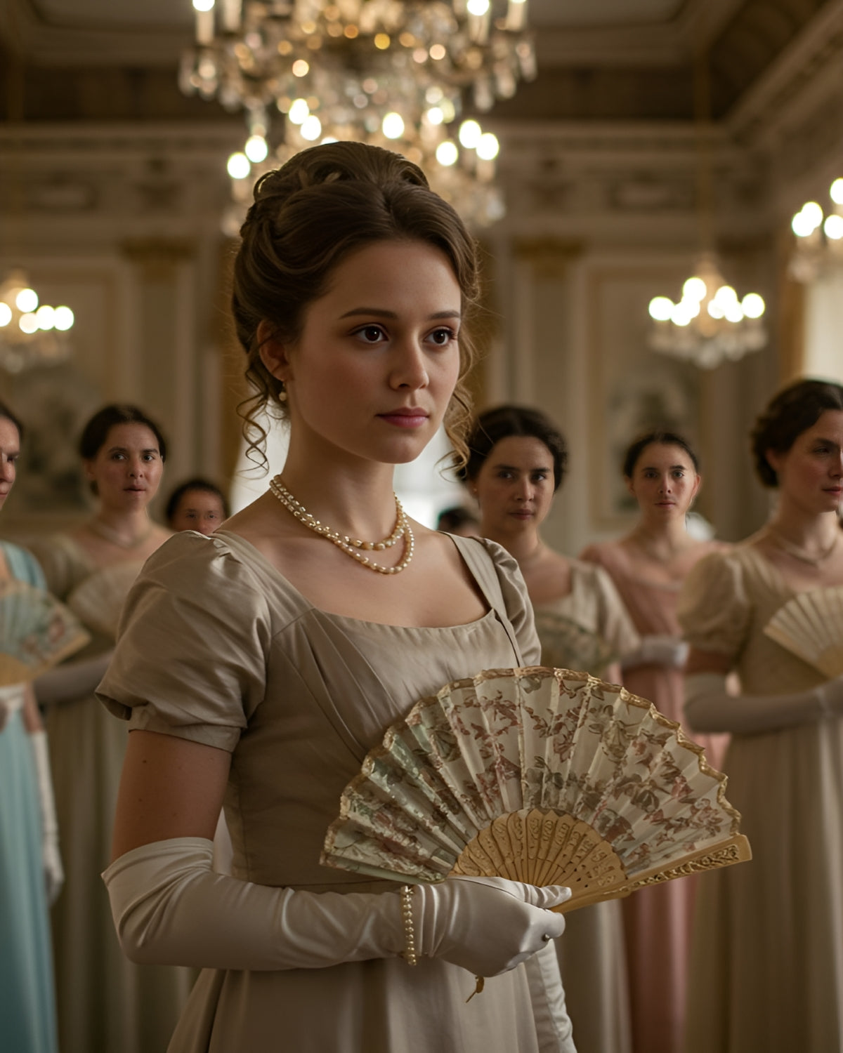 A woman in a dress holds a hand fan in front of a group of women, all engaged in conversation at an outdoor gathering.