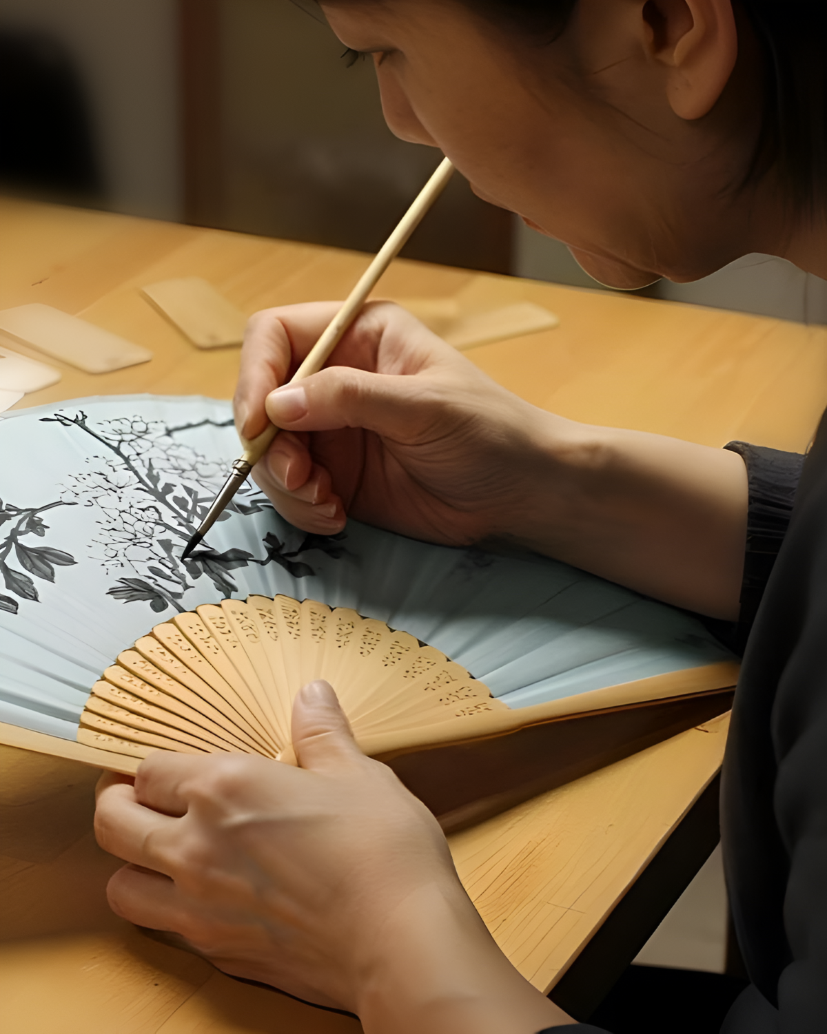 A woman carefully paints a decorative design on a hand fan, showcasing her artistic skills and creativity.