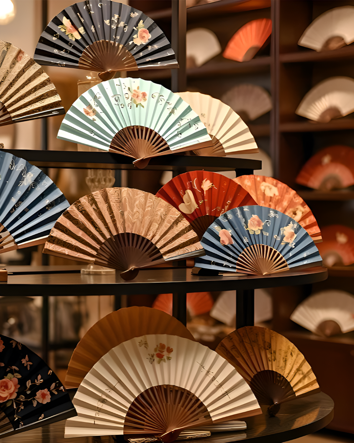 A variety of hand fans displayed in a store, showcasing different styles, colors, and designs for customers to choose from.