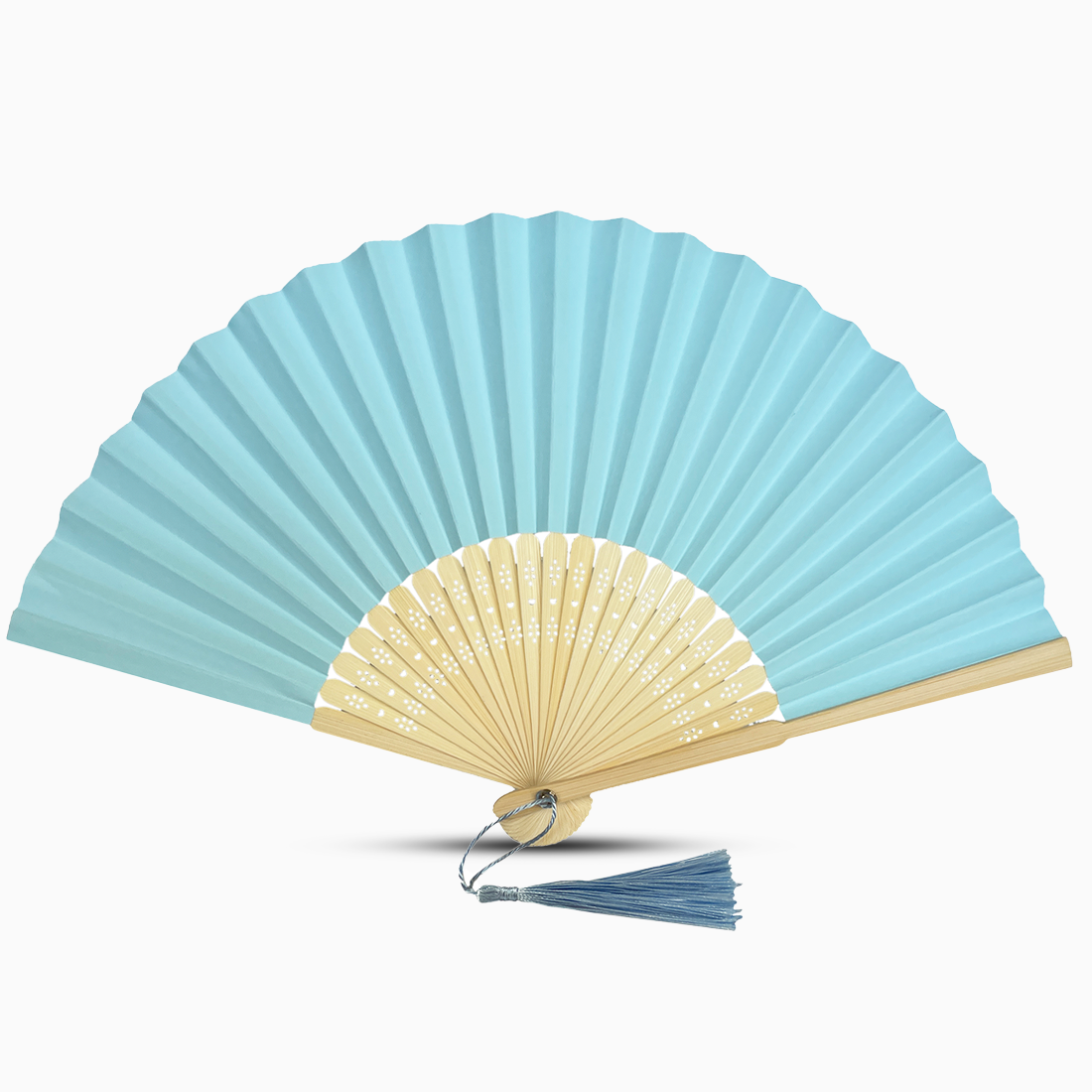 A baby blue paper folding fan featuring a tassel, elegantly designed in a solid color.