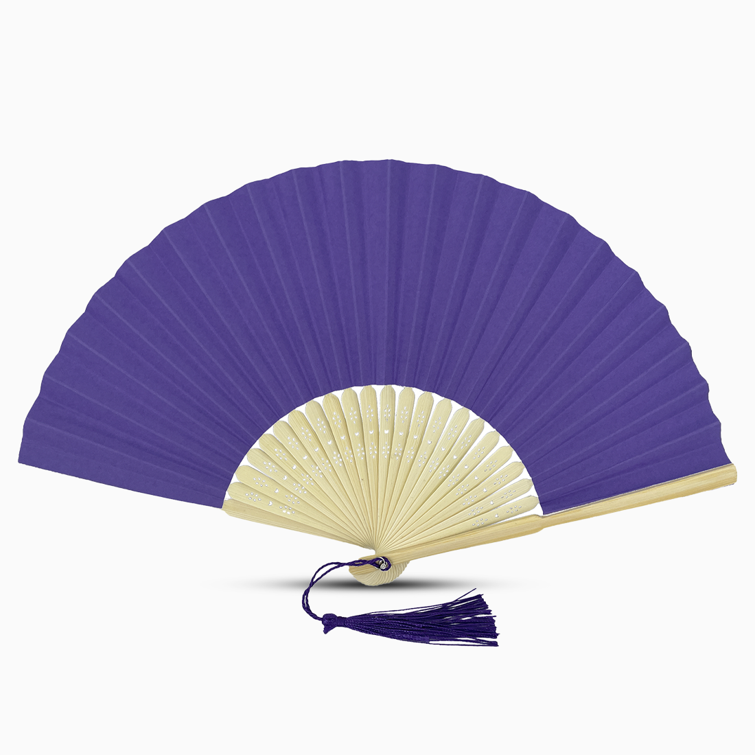 A purple paper folding fan featuring a tassel, elegantly designed in a solid color.