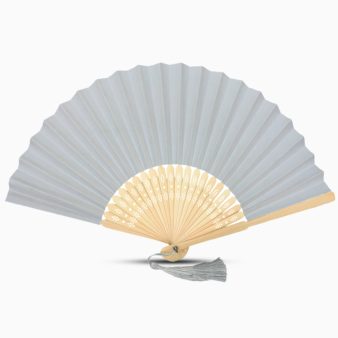 A gray paper folding fan featuring a tassel, elegantly designed in a solid color.
