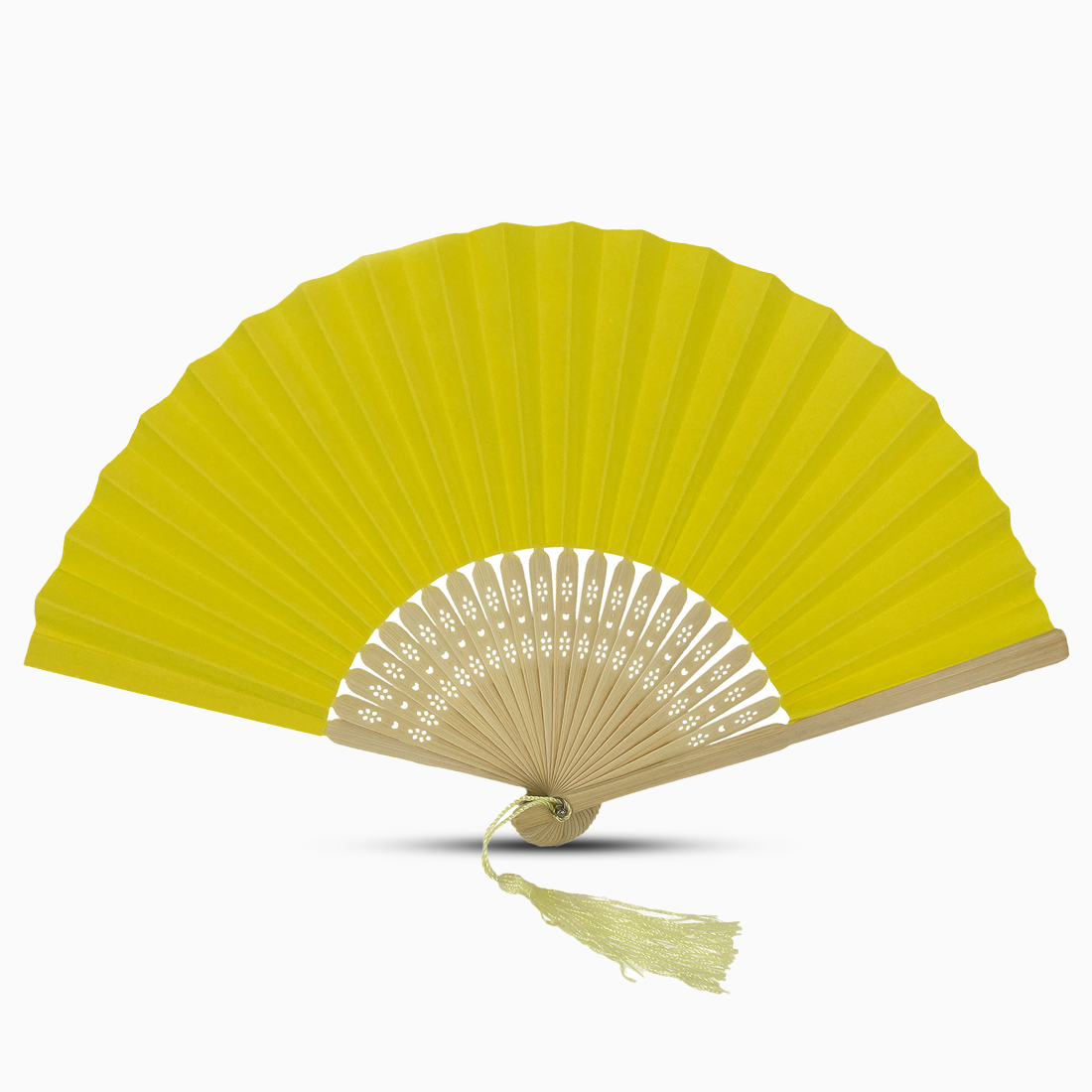A greenish yellow paper folding fan featuring a tassel, elegantly designed in a solid color.