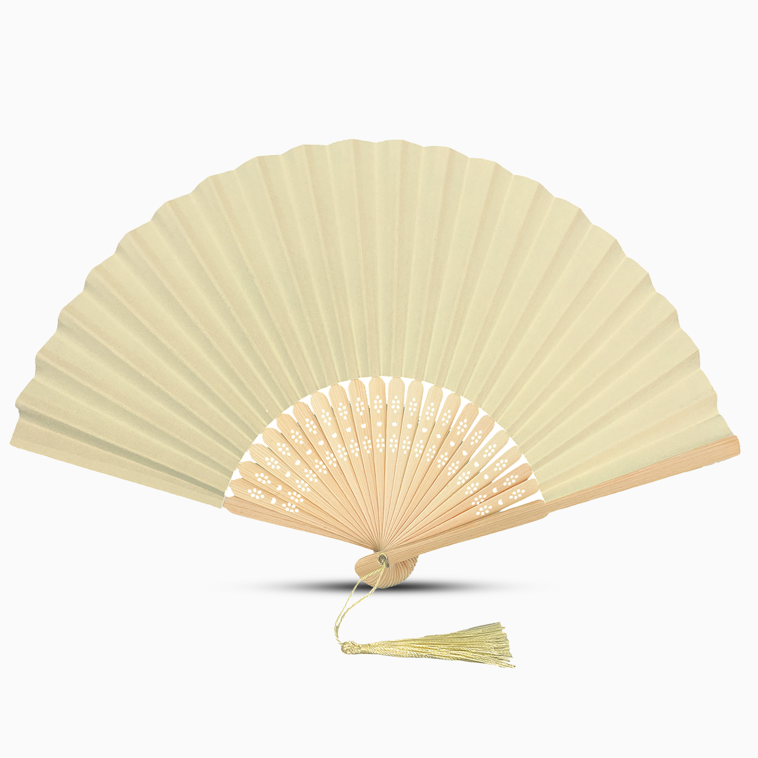 A ivory beige paper folding fan featuring a tassel, elegantly designed in a solid color.