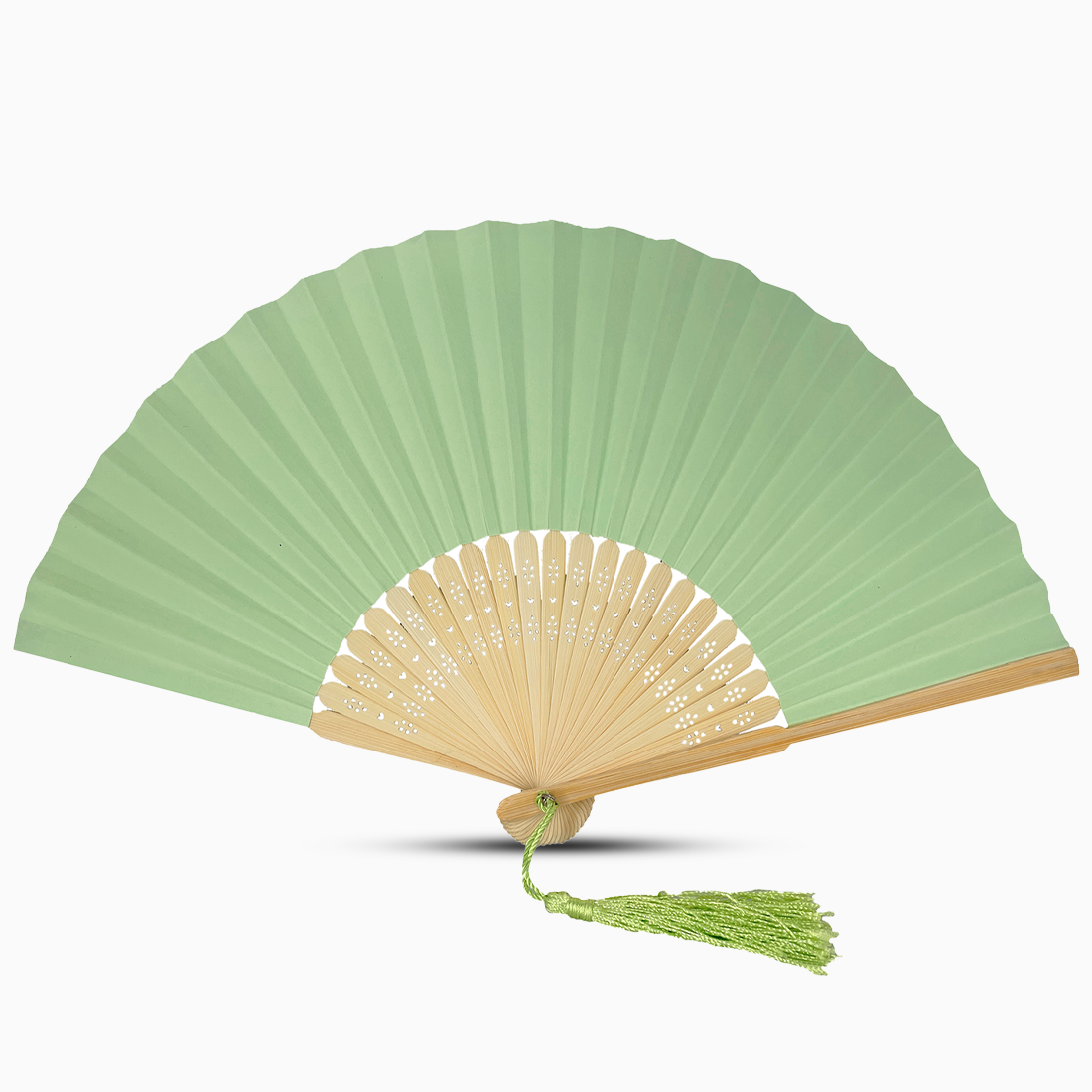 A mint green paper folding fan featuring a tassel, elegantly designed in a solid color.
