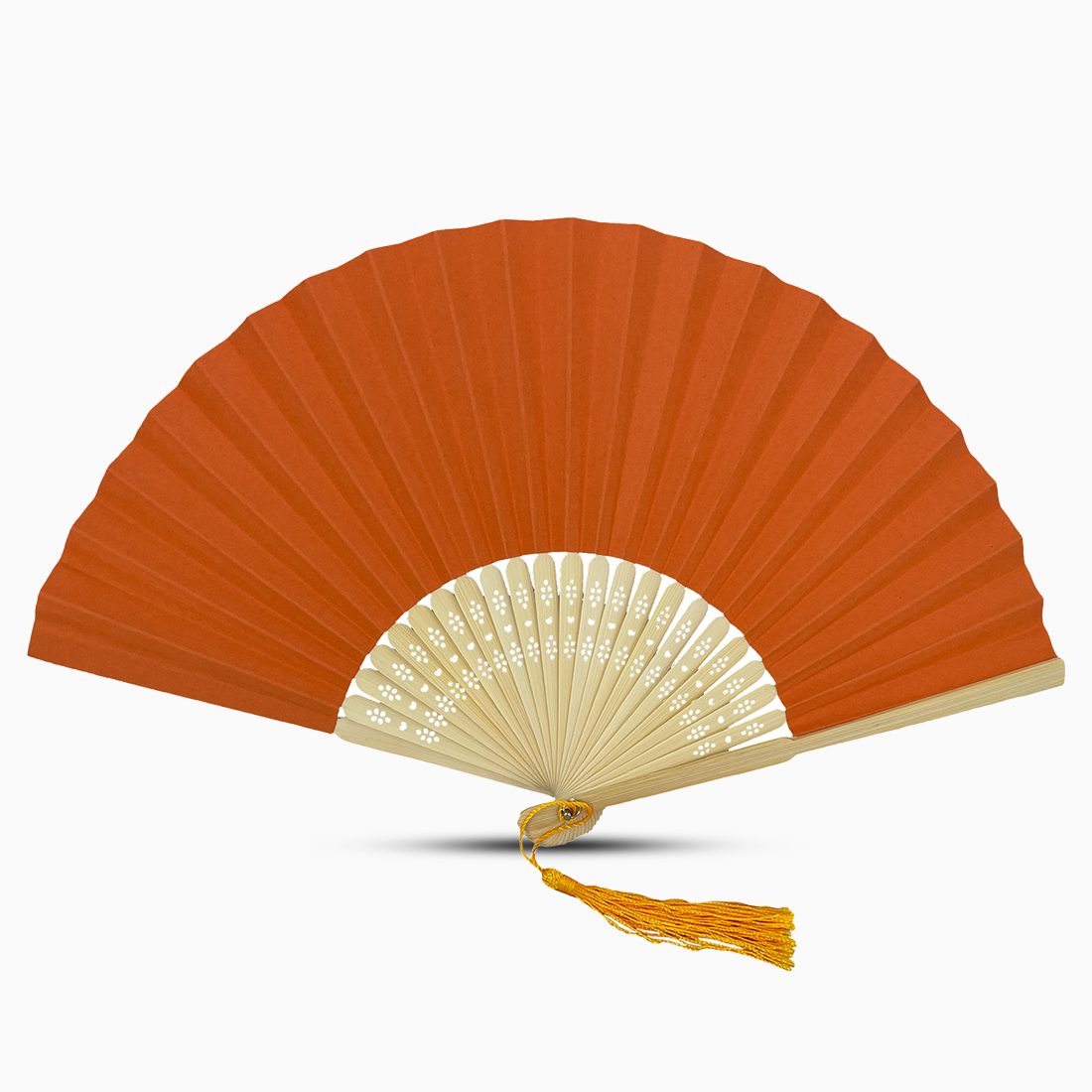 A orange paper folding fan featuring a tassel, elegantly designed in a solid color.