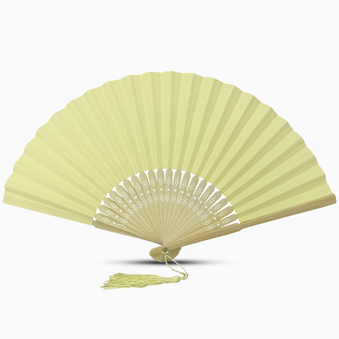 A light yellow paper folding fan featuring a tassel, elegantly designed in a solid color.
