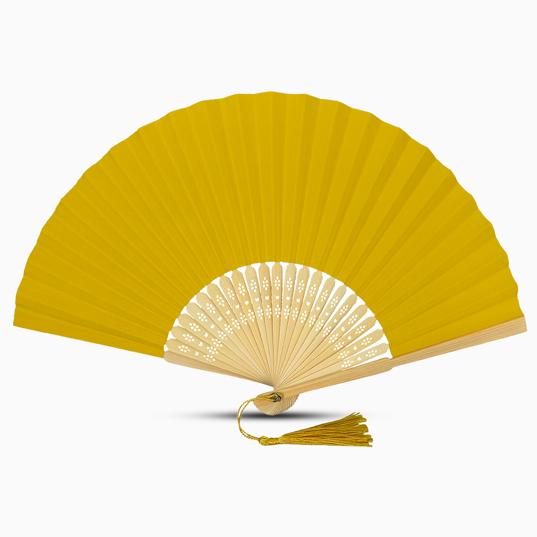 A school bus yellow paper folding fan featuring a tassel, elegantly designed in a solid color.