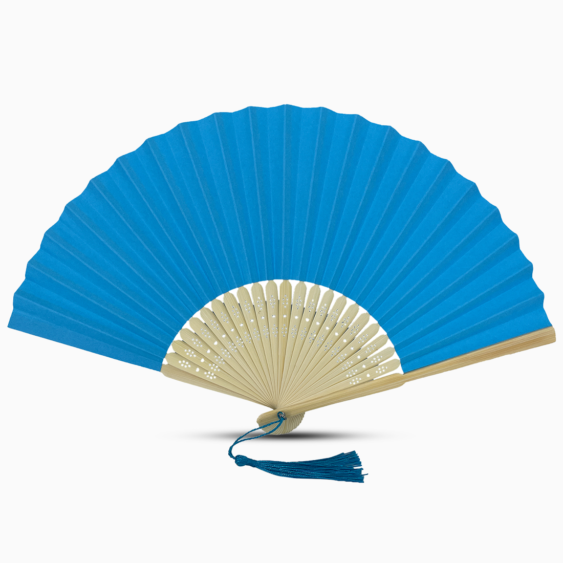 A Sky Blue paper folding fan featuring a tassel, elegantly designed in a solid color.