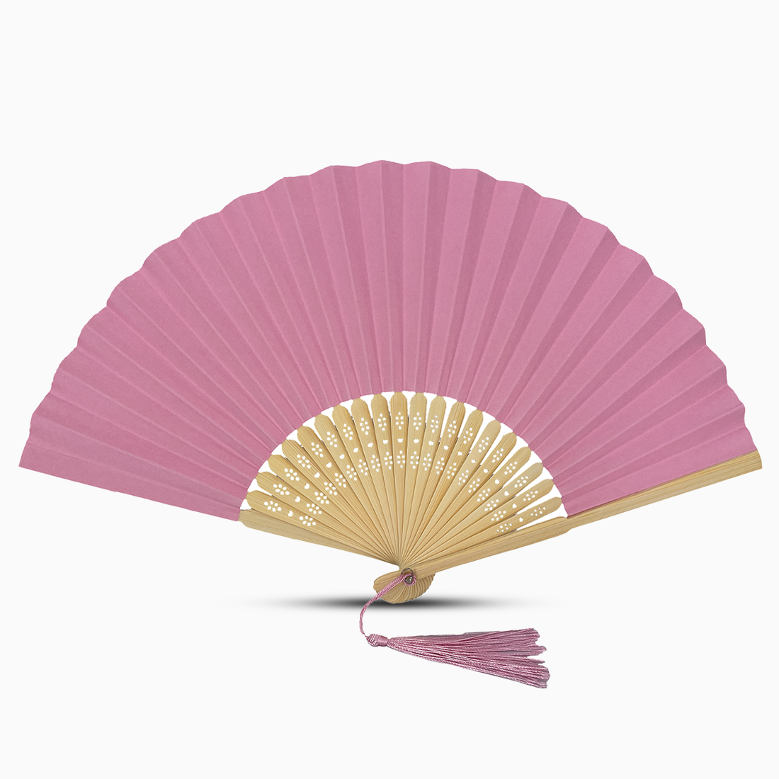 A soft pink paper folding fan featuring a tassel, elegantly designed in a solid color.