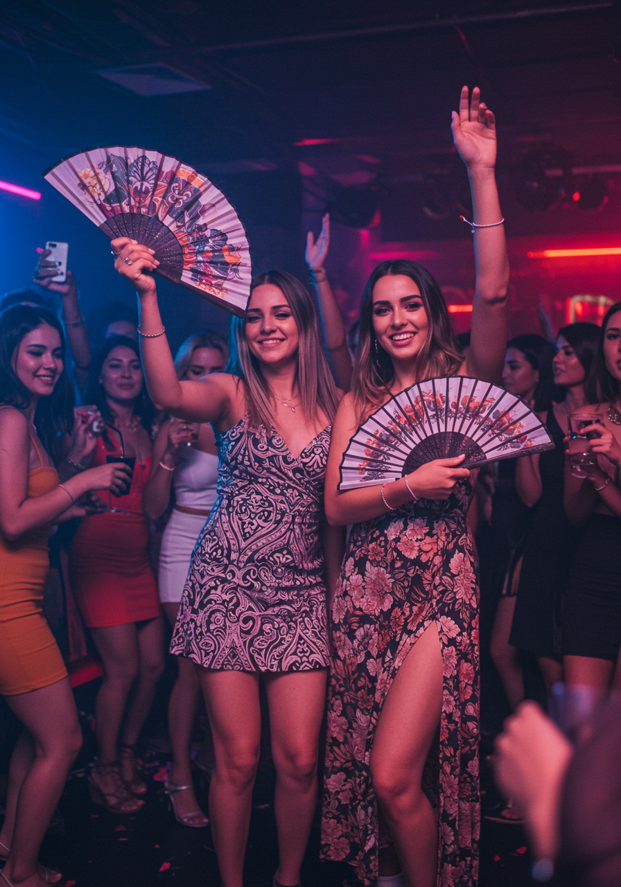 Two women at a nightclub raise their hands, showcasing colorful rave hand fans in a lively atmosphere.