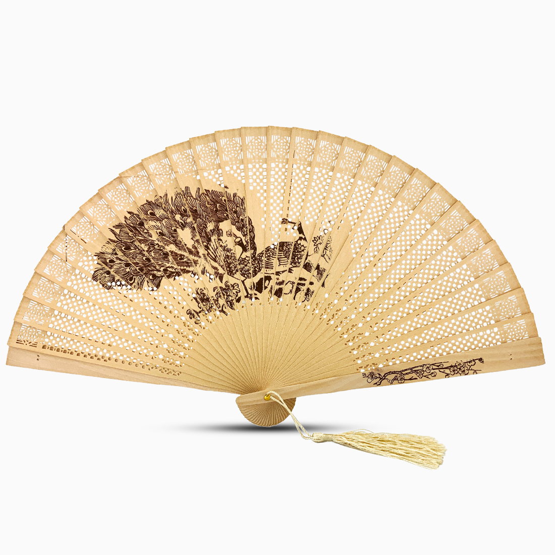 Sandalwood fan featuring an intricate Peacock design, showcasing elegant craftsmanship and natural materials.